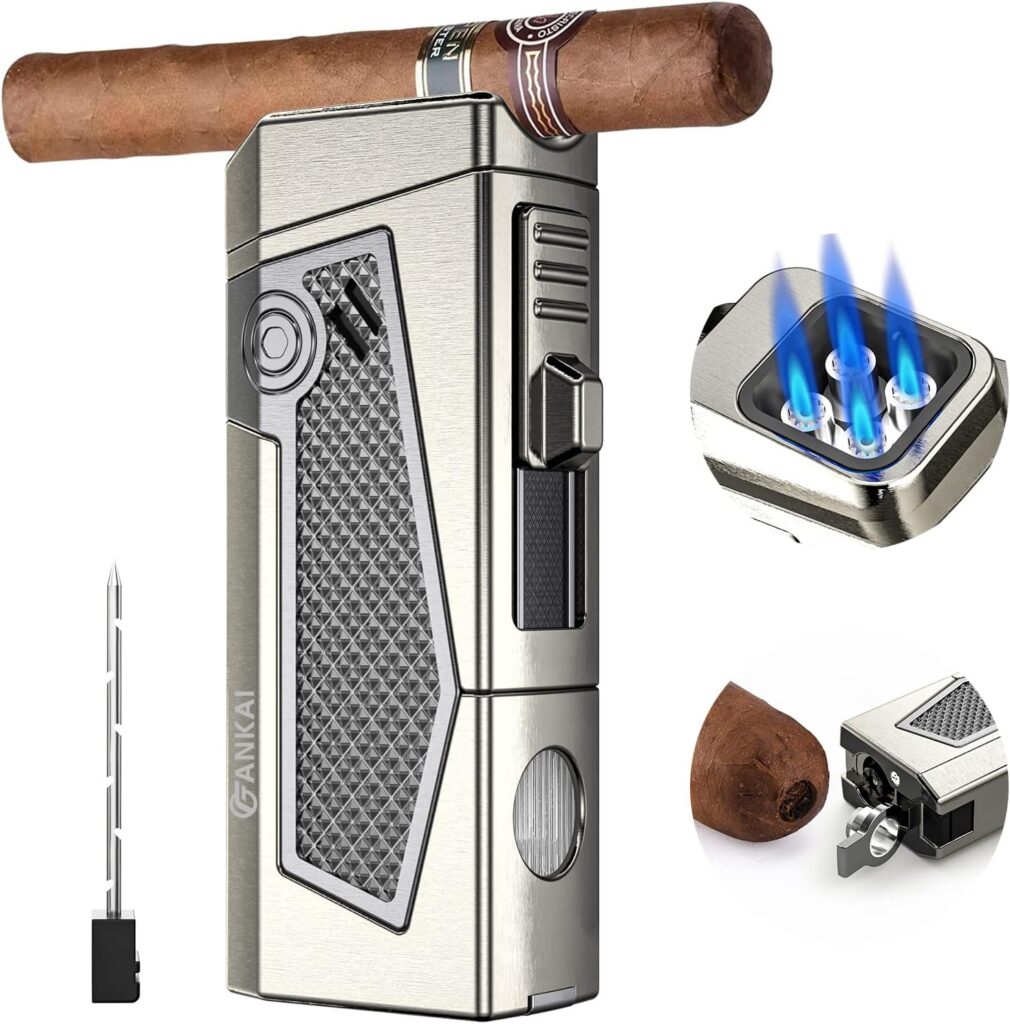FANKAI Cigar Lighter 4 Torch Jet Flame, Cigar Punch  Holder, Cigar Draw Enhancer, Refillable Torch Lighter, Multi-Functional Cigar Accessories, Windproof Lighters for Smoking with Gift Box