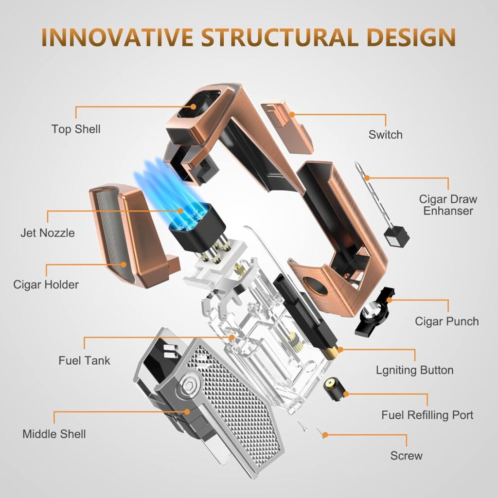 FANKAI Cigar Lighter 4 Torch Jet Flame, Cigar Punch  Holder, Cigar Draw Enhancer, Refillable Torch Lighter, Multi-Functional Cigar Accessories, Windproof Lighters for Smoking with Gift Box