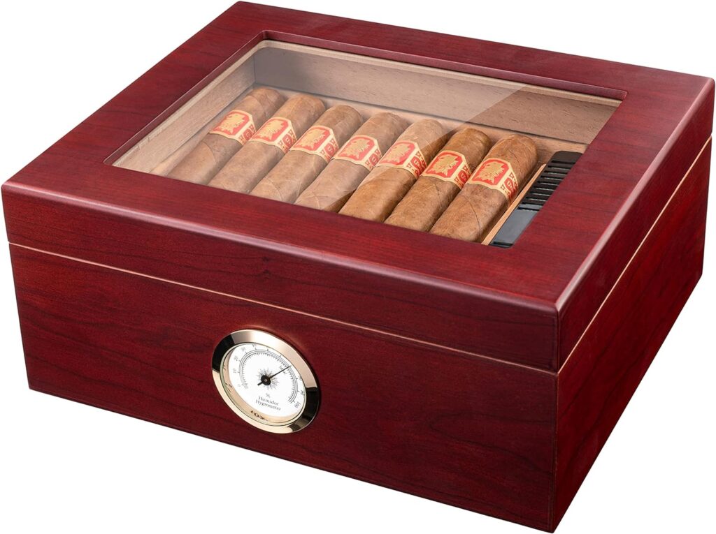 Mantello Cigars Humidor, Glass-Top Cigar Humidors, Humidor for Up to 50 Cigars, with Hygrometer  Divider, Humidors