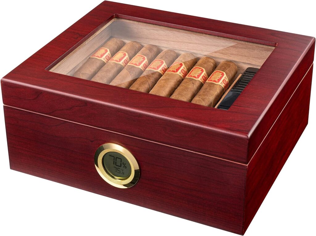 Mantello Cigars Humidor, Glass-Top Cigar Humidors, Humidor for Up to 50 Cigars, with Hygrometer  Divider, Humidors